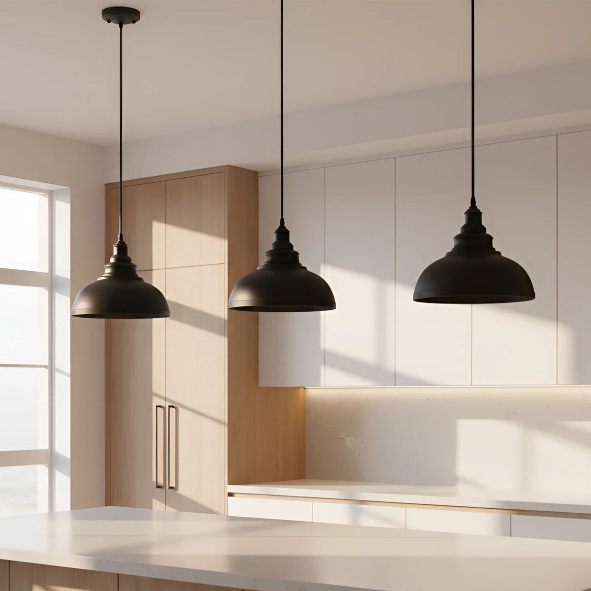 Black iron pendant lamp with fabric‑covered wire and round shade – industrial kitchen pendant light.