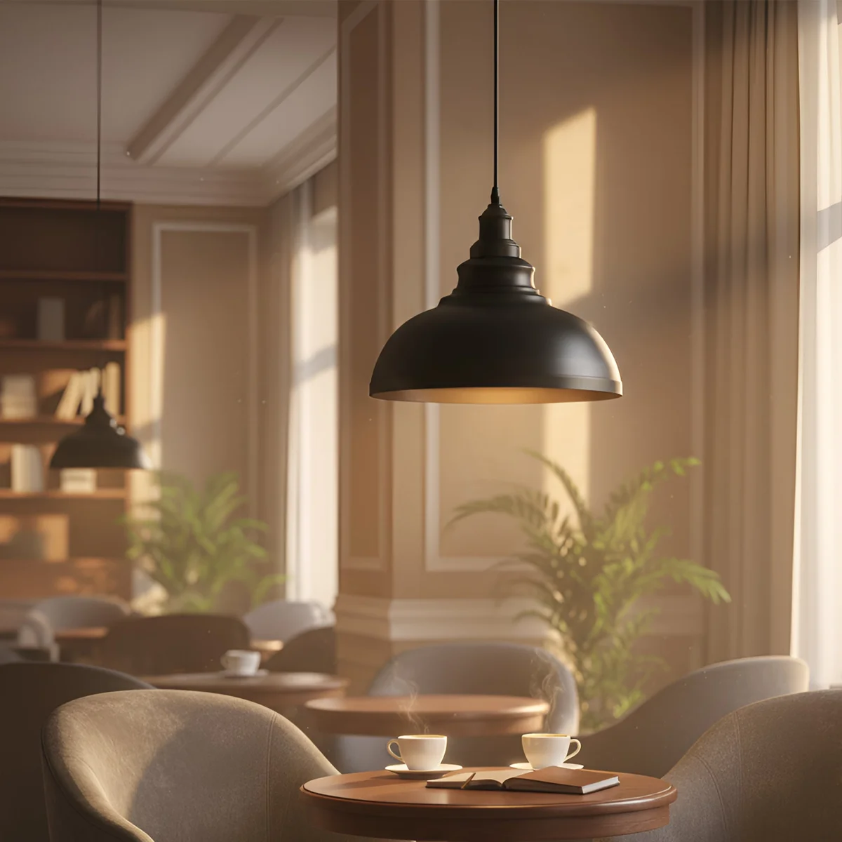 Black industrial vintage pendant light with round canopy and black fabric cords hanging in kitchen