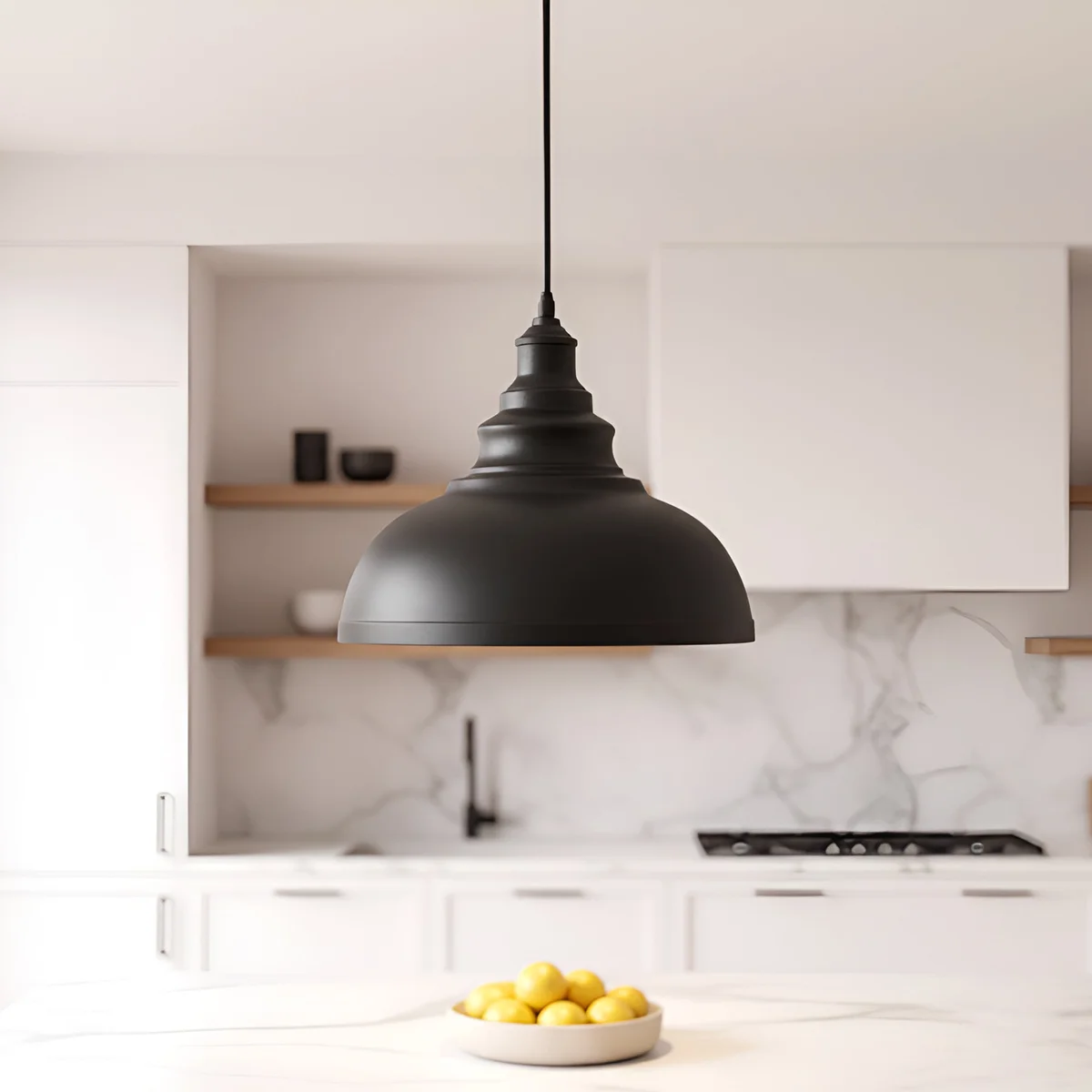 Black metal light shade pendant, round vintage iron ceiling lamp with fabric‑covered black cable, 29 cm diameter, 21 cm height.