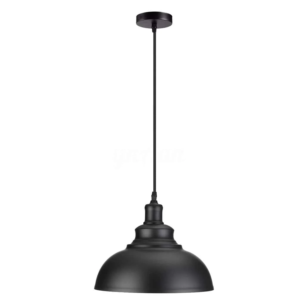 Black round pendant lamp with iron frame and black fabric shade, 29 cm diameter, 21 cm height, 100 cm wire – a retro kitchen ceiling light