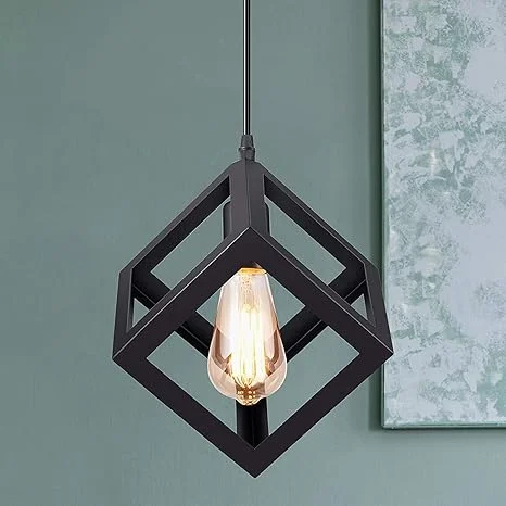 Black industrial pendant light featuring iron wire cage, E27 socket, and geometric design suspended from ceiling.