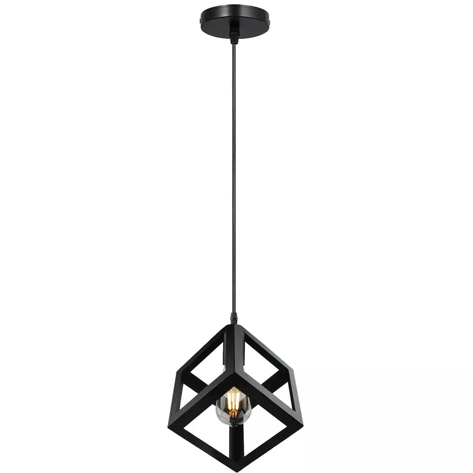 Black cage pendant light with iron cage, hanging from ceiling canopy, modern industrial design.