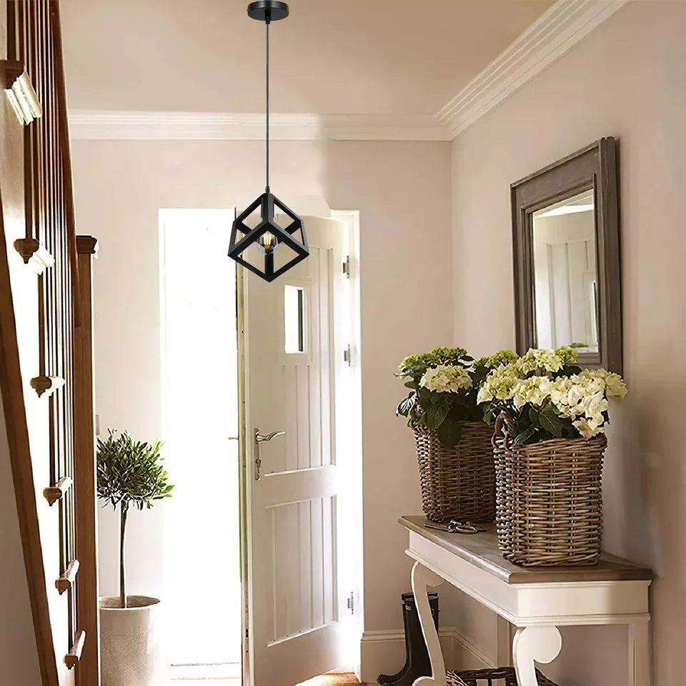 Modern black iron metal pendant light with geometric wire cage, E27 base, hanging from metal shade.