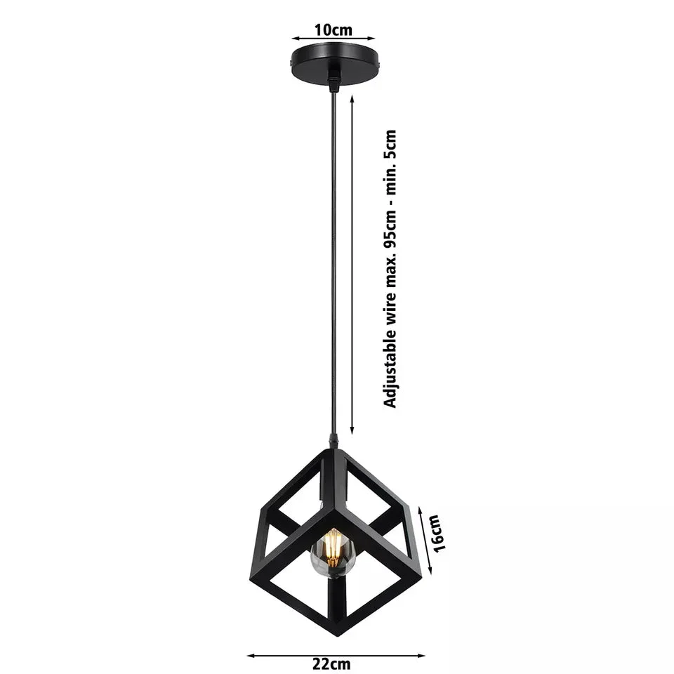 Black iron cage pendant light with grid frame, mounting hardware and ceiling canopy, featuring an E27 screw base.