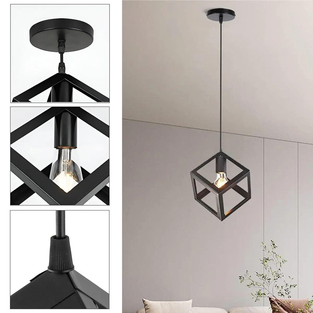 Industrial ceiling light with black iron cage frame and exposed bulb, hanging from metal shade on a ceiling canopy.