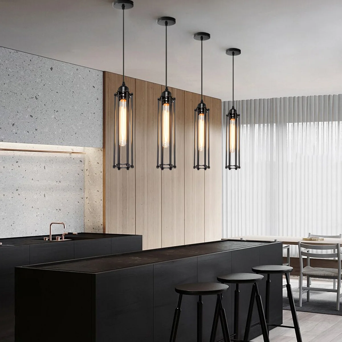 Black metal restaurant pendant lighting with 95cm adjustable cable, E27 socket, 10cm×2cm ceiling plate – for bars and homes