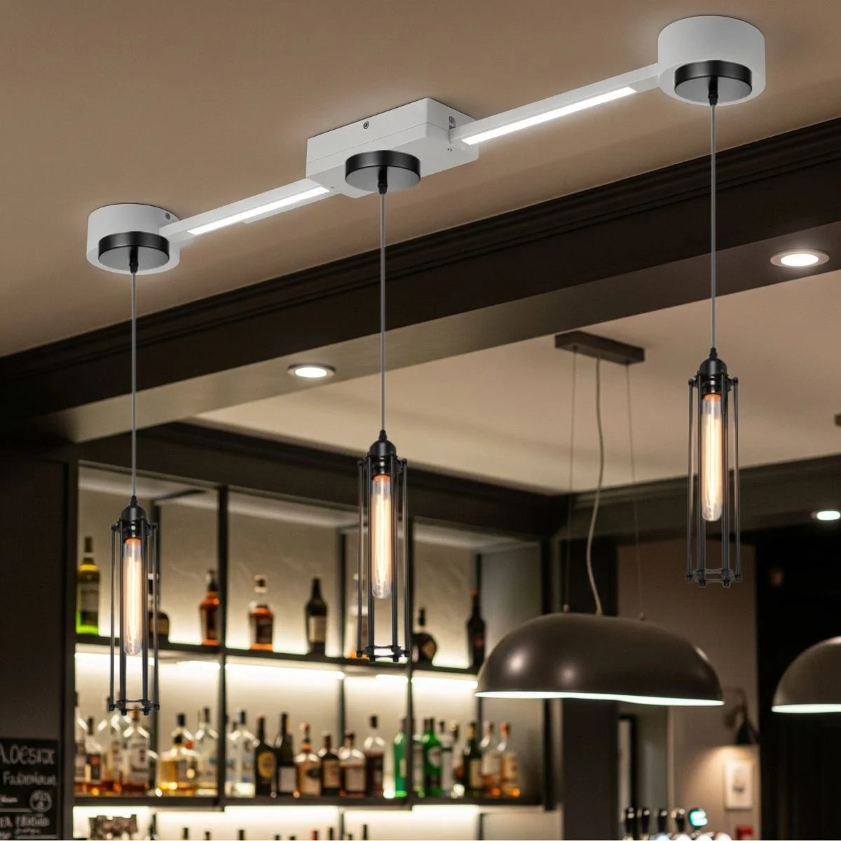 Black decorative ceiling light with metal base, PVC cable, 95cm length, fits restaurants, cafes, and bars.