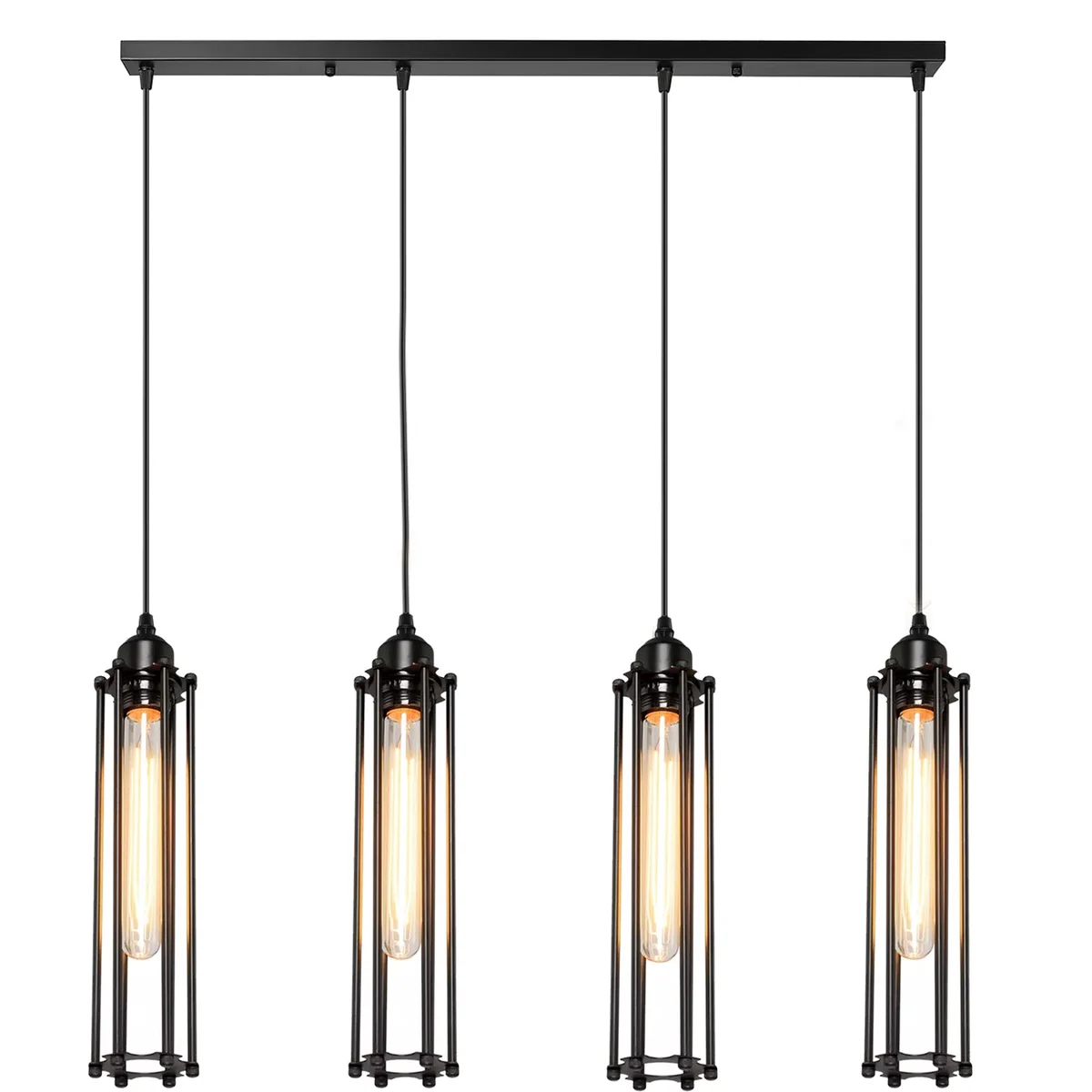 Black industrial ceiling light with metal cage and four E27 holders, mounted on 95 cm PVC cable