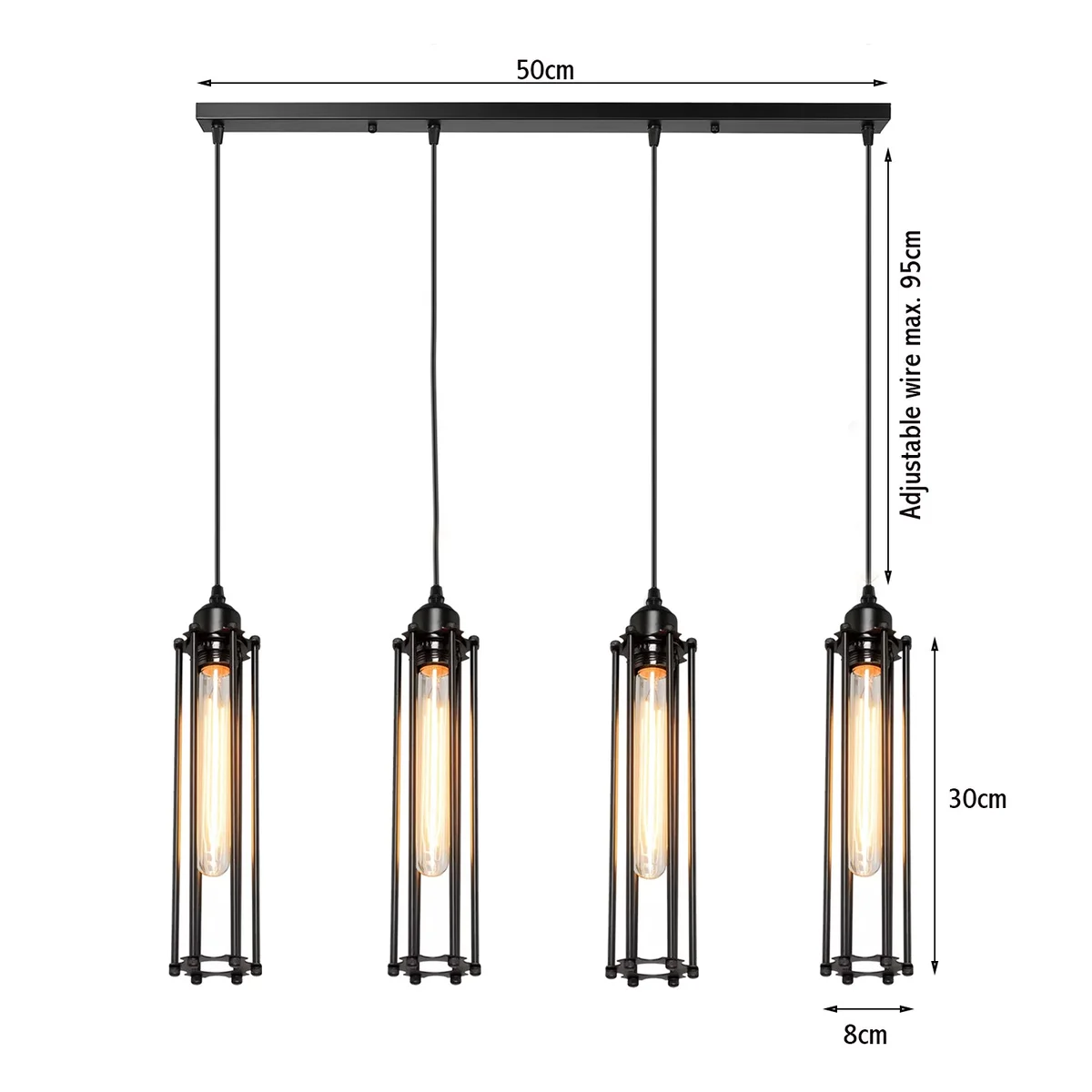 Black industrial cage ceiling light, 4 light pendant lamp with open metal cage, four bulbs and long 95cm PVC hanging cable