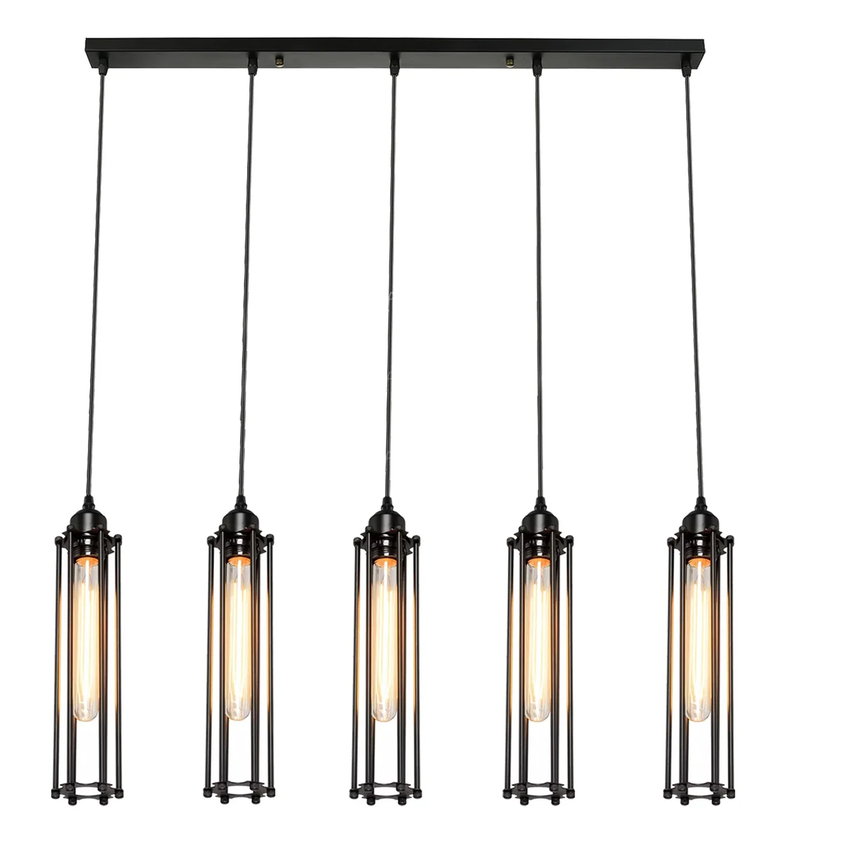 Black retro ceiling light with metal wire cage, 95cm PVC cable, five E27 holders.