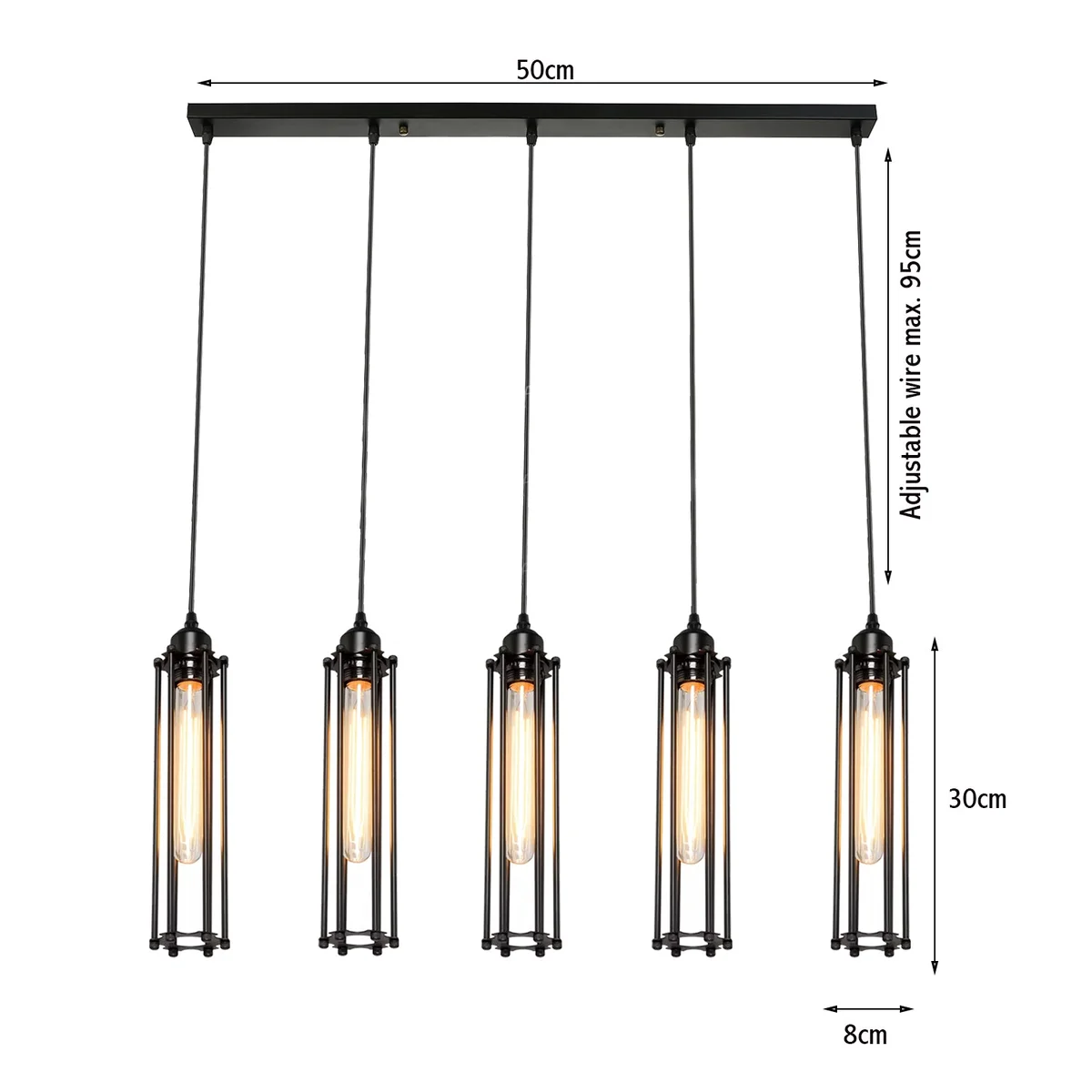 Retro black wire cage light hanging from ceiling, featuring a metal base, five light holders and a 95 cm adjustable cable.