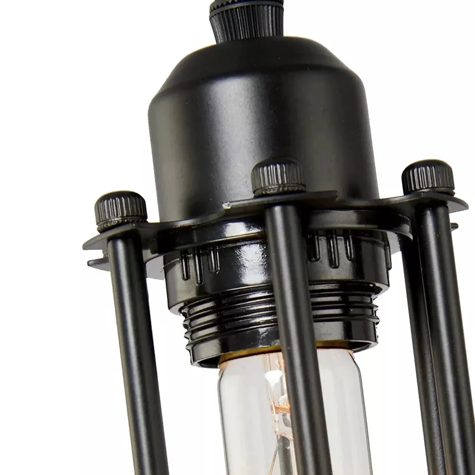 Black E27 ceiling light with metal and PVC cage, 5 holders, 95 cm black cable, retro pendant design
