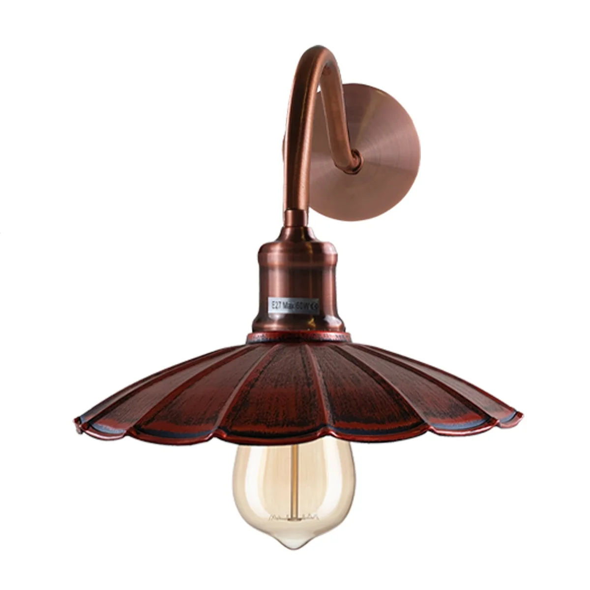 Rustic red metal vintage pendant light with adjustable copper arm and copper ceiling rose, mounted on wall.