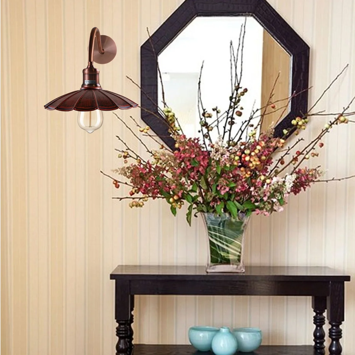Retro wall sconce featuring a rustic red metal umbrella shade, copper adjustable arm, and ceiling rose.