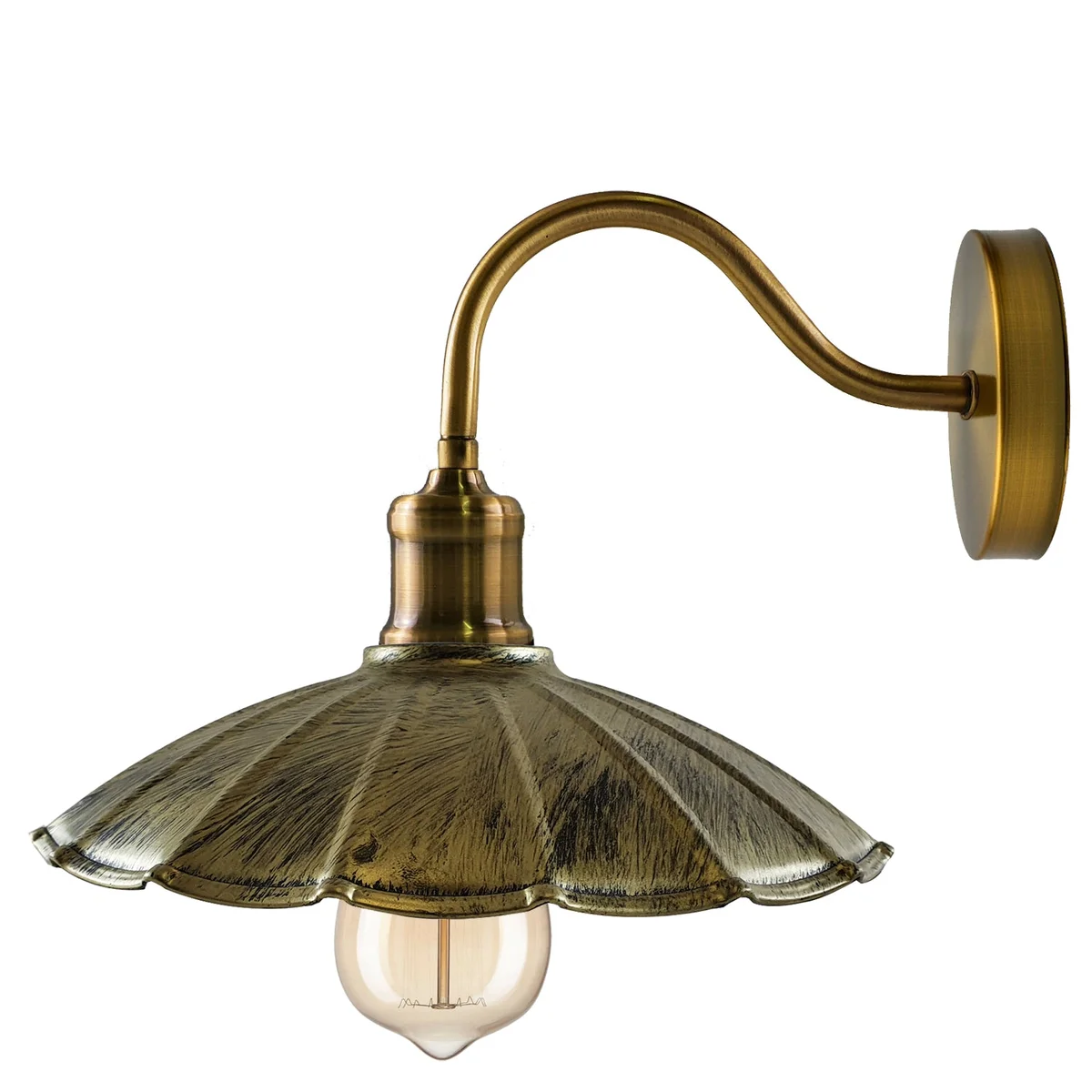 Vintage swan neck wall light in brushed brass with a wide umbrella shade, offering a sleek industrial look.