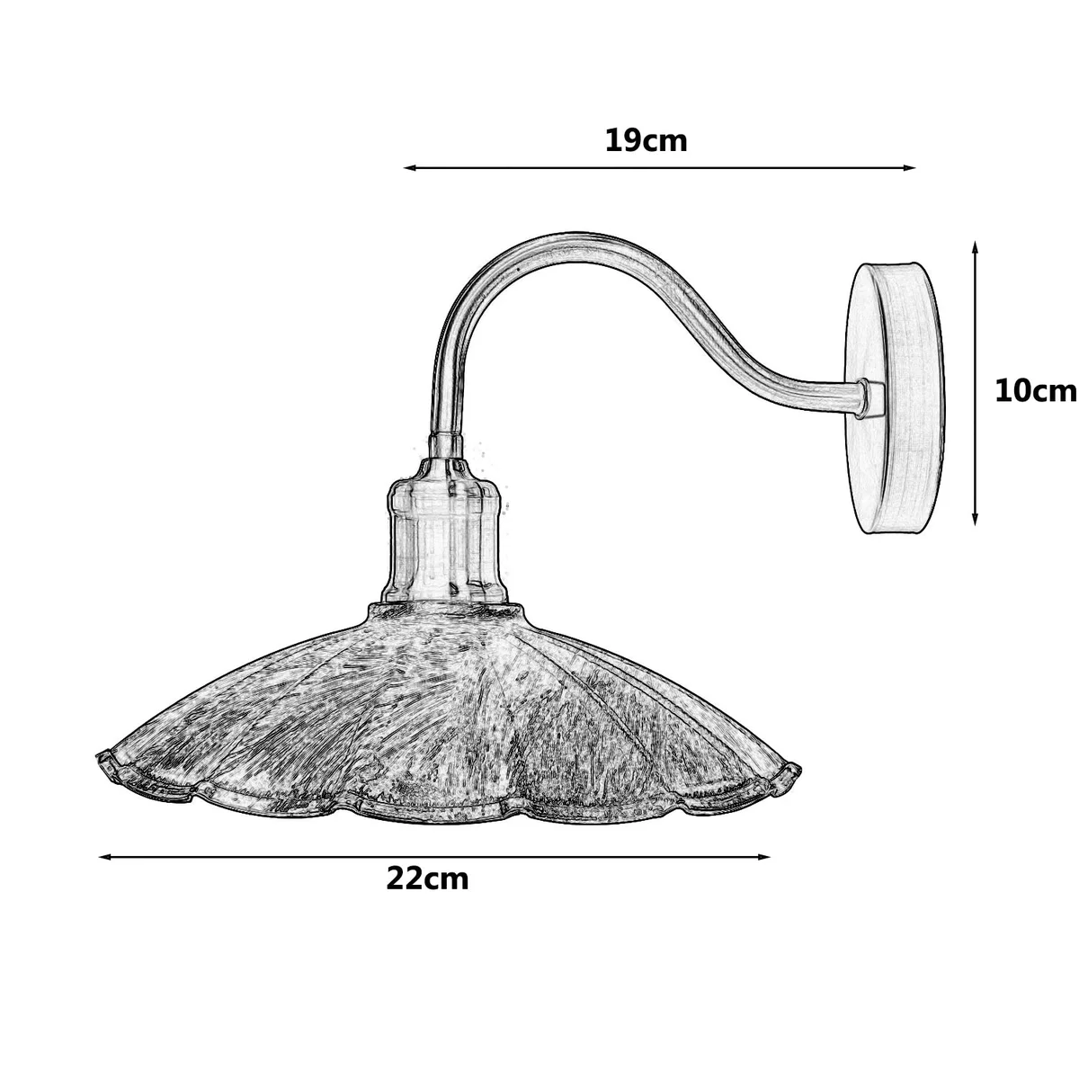 Vintage swan‑neck wall light with 22 cm umbrella shade, brushed brass wall light, E27 socket.
