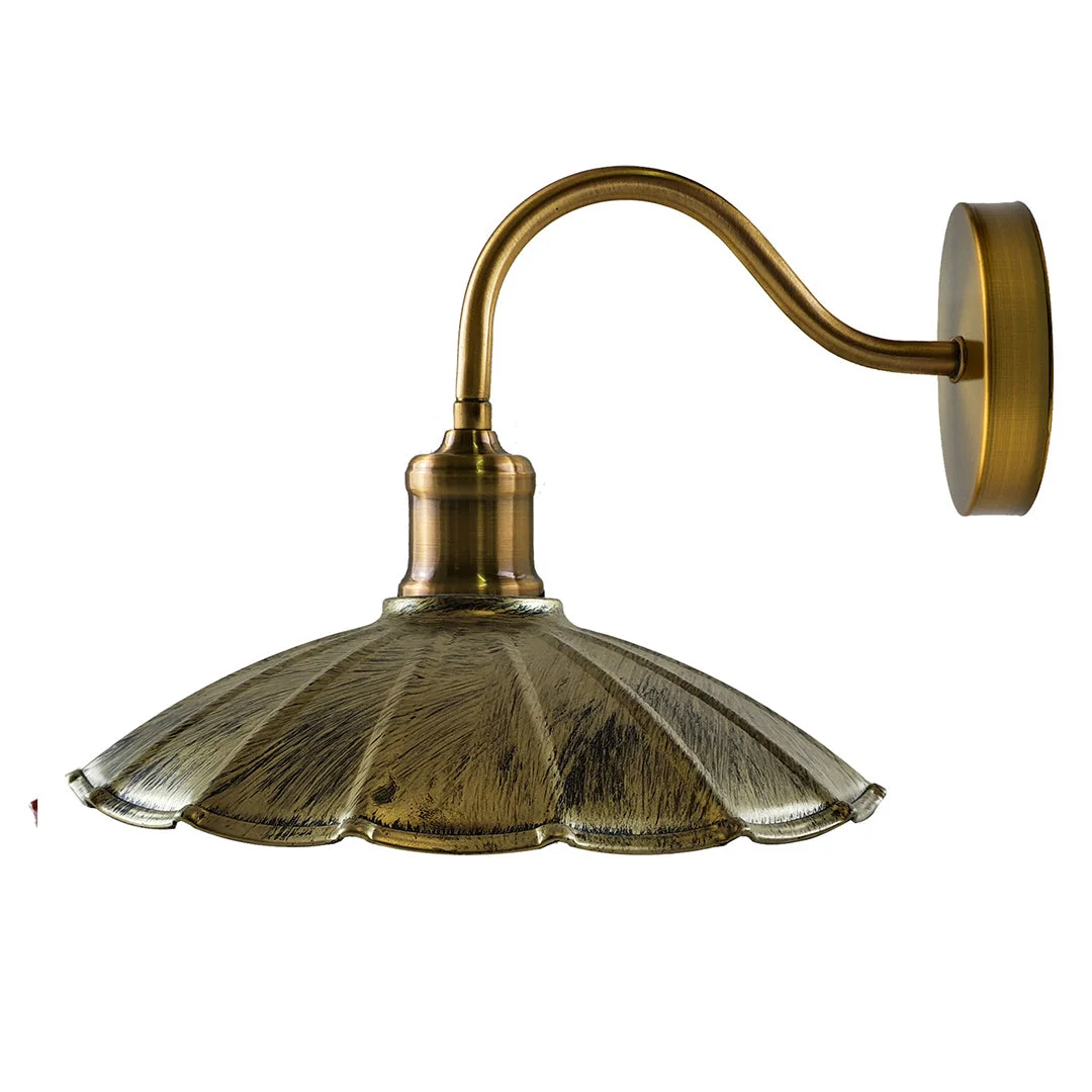 E27 wall light fitting with swan neck arm and 22cm brushed brass umbrella shade