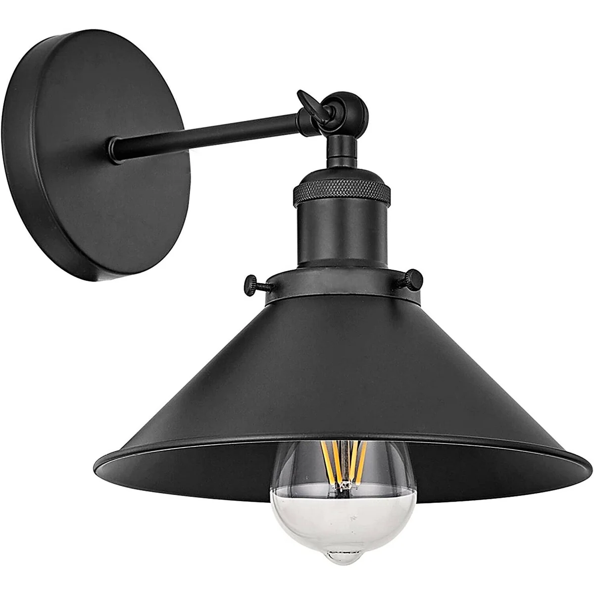 Black wall sconce with metal vintage design, cone-shaped shade and E27 lamp socket mounted on wall arm