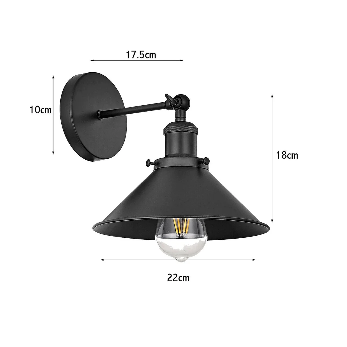 Black metal vintage wall light with cone shade and wall arm, featuring E27 base.