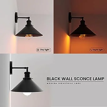 Black metal wall sconce featuring a vintage cone-shaped lamp shade and E27 base.