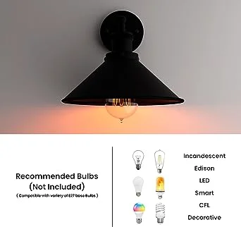Black wall sconce featuring metal base, cone-shaped shade with E27 socket, vintage‑retro style.