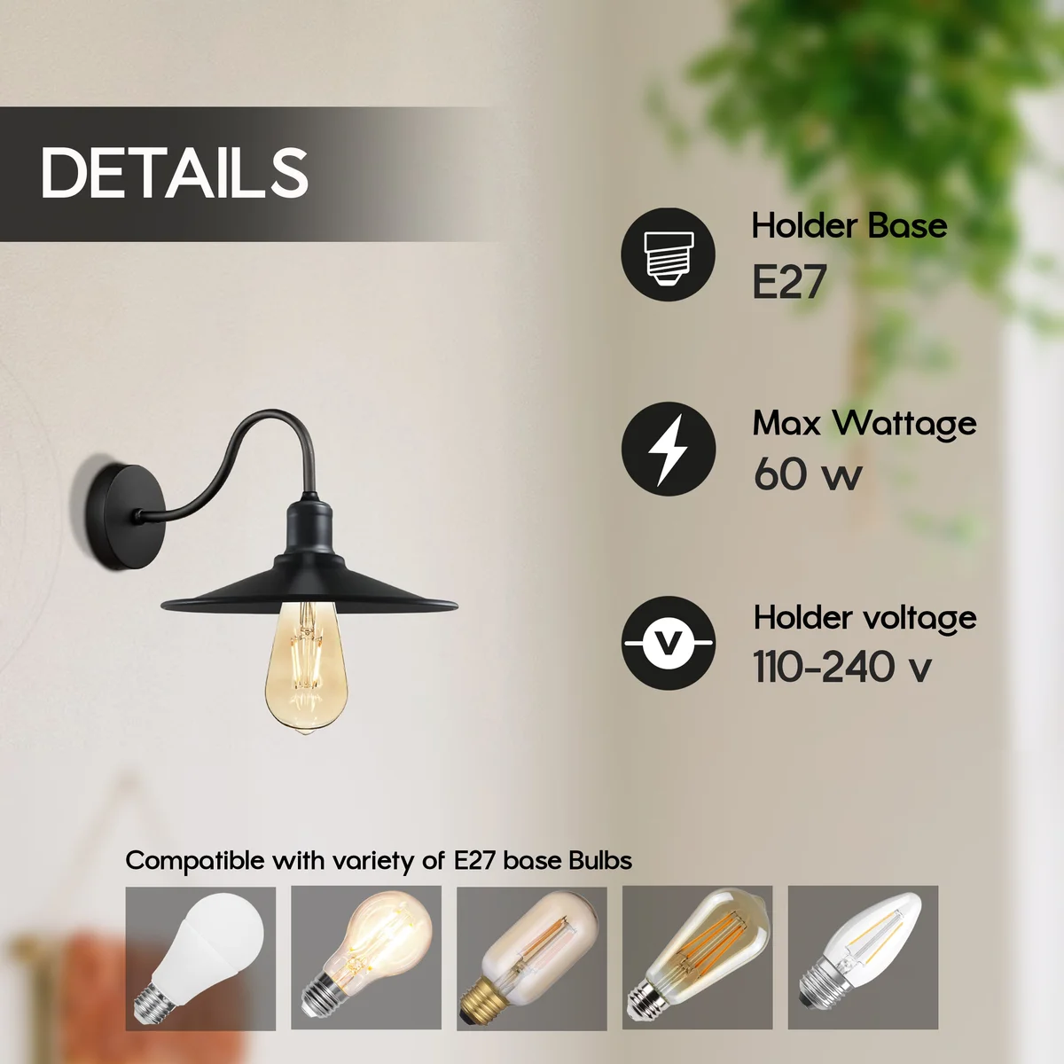 Black wall sconce with metal body, vintage cone shade hanging on wall, includes E27 lamp base and wall arm.