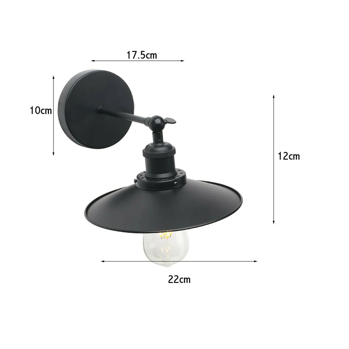 Black metal vintage wall lamp with flat shade, E27 base, retro style, mounted on a wall arm.