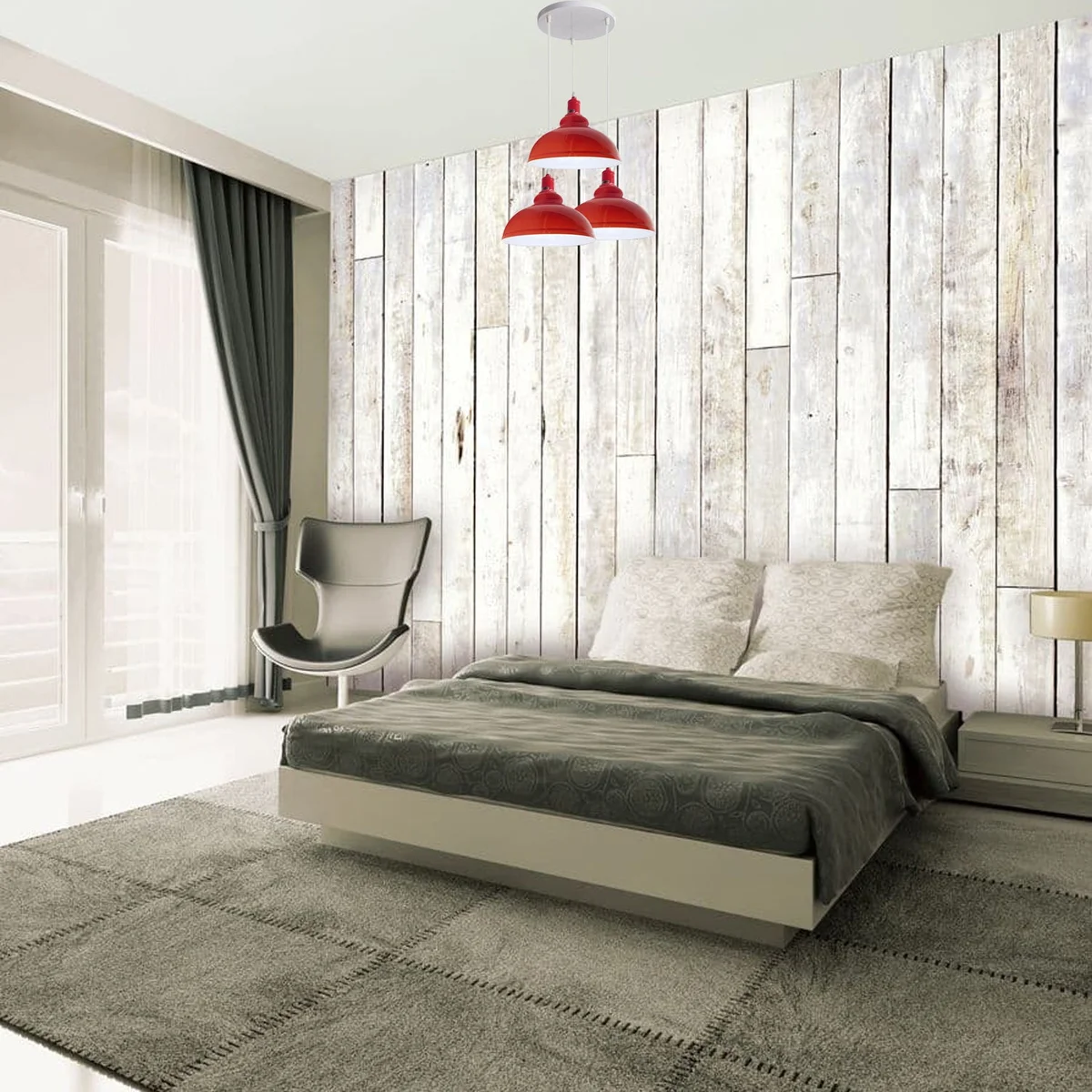 Red industrial pendant light with three metal cages, hanging on 95cm PVC cable, E27 base