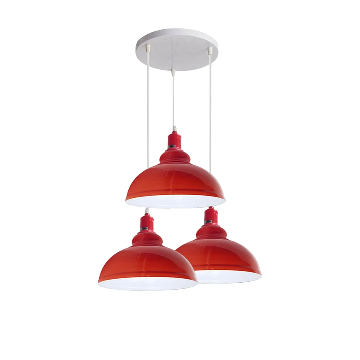 Red metal retro ceiling light with three pendant lamps, PVC cable, suspended from ceiling.