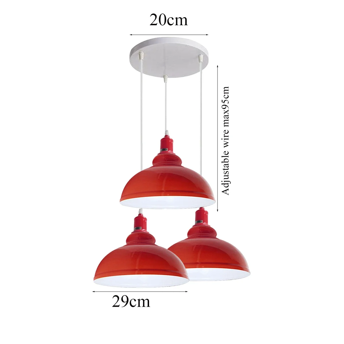Three red metal pendant lamps hanging with 95 cm PVC cords, each featuring a metal cage holder, ready for E27 bulbs.