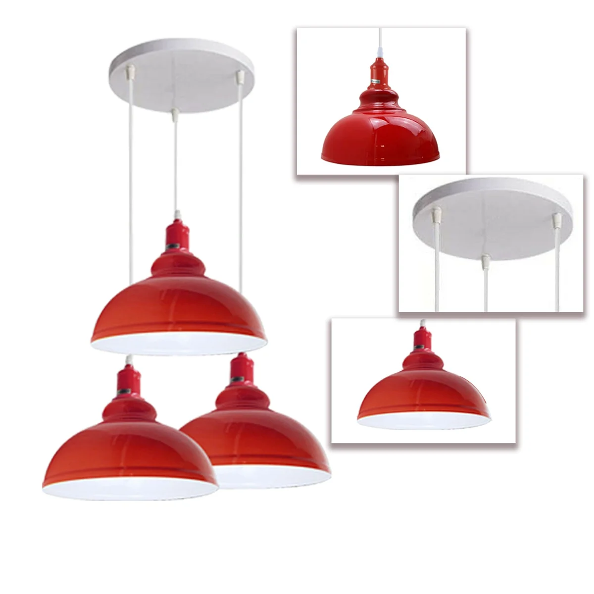 Red metal retro E27 pendant light with three hanging cages and 95cm cable, suspended from ceiling.