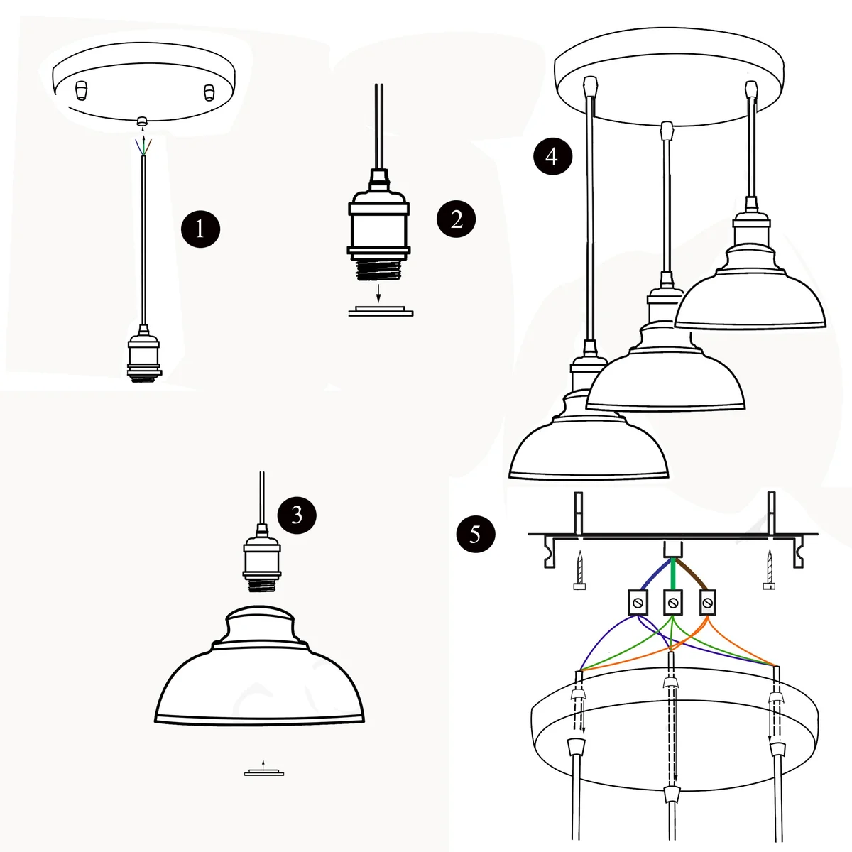 Three red ceiling light pendants with metal frames and PVC cables hanging from a ceiling