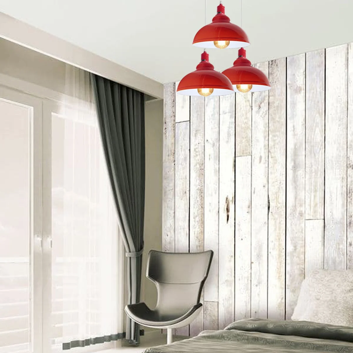Three head pendant metal lamp with red cage, E27 base, 95cm PVC cable, industrial retro style
