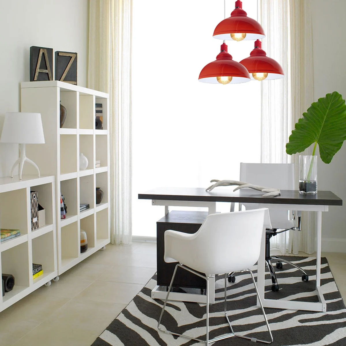 Industrial pendant light with red metal shade, suspended from ceiling, including three light holders and 95cm PVC cable.