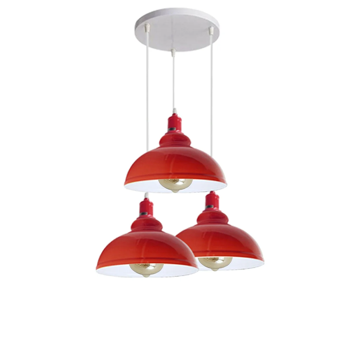 Three red‑metal pendant lamps hanging on white PVC cable from a metal ceiling plate – an industrial pendant light set.