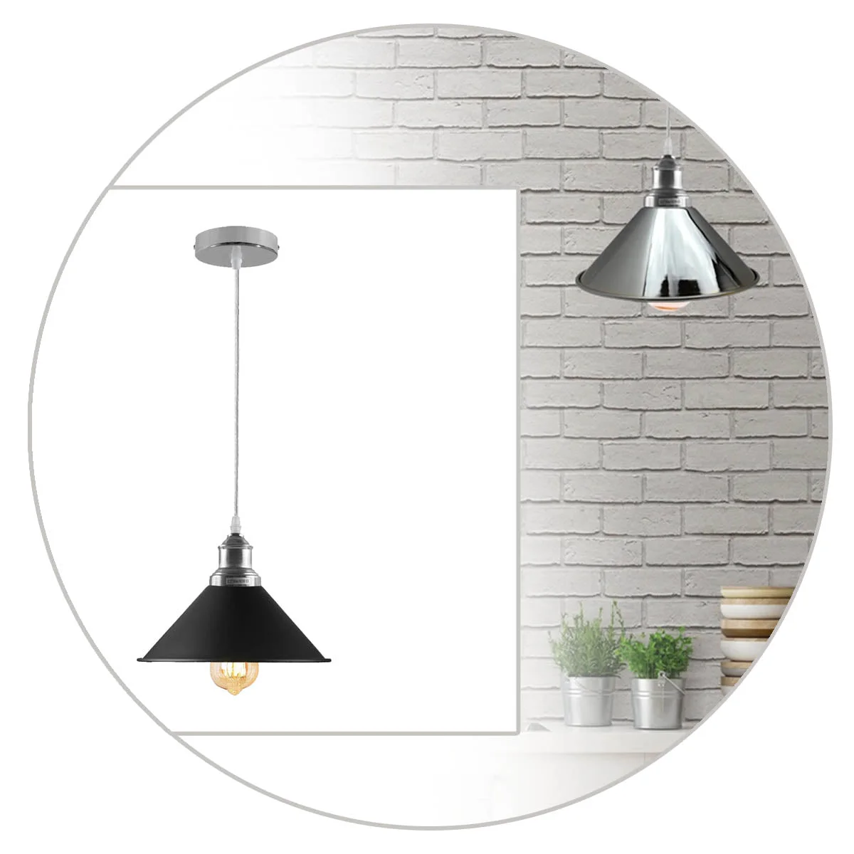 Chrome ceiling pendant light with retro‑dome metal shade, polished silver finish, modern loft style