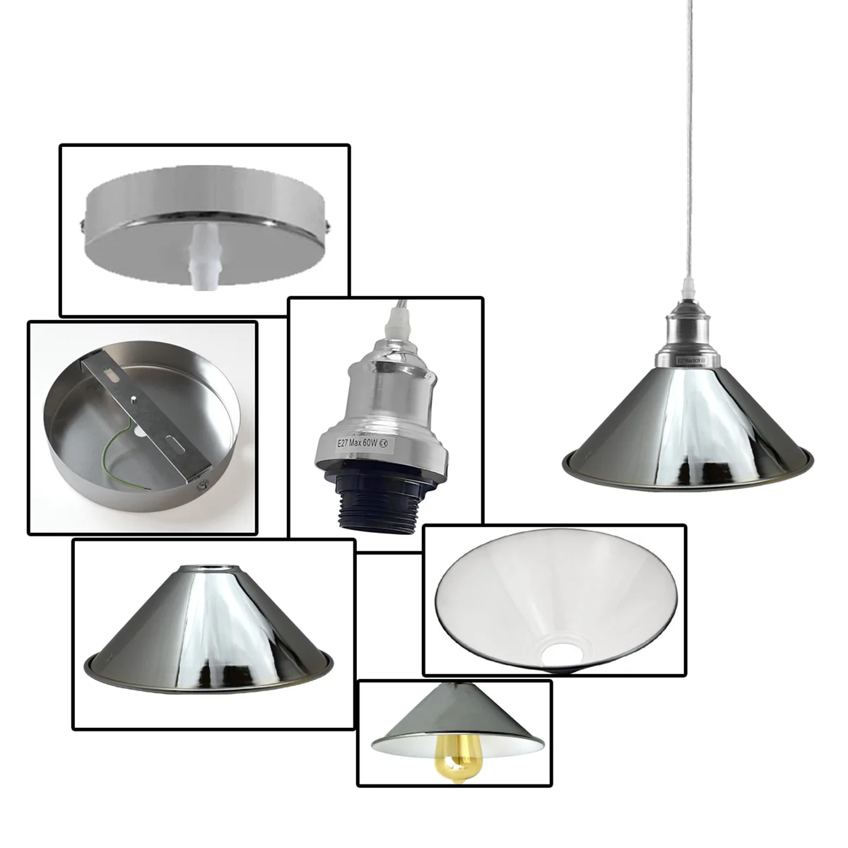 Retro metal pendant lamp in polished chrome dome style, hanging from 115 cm height, 22 cm diameter, contrasting inner surface.