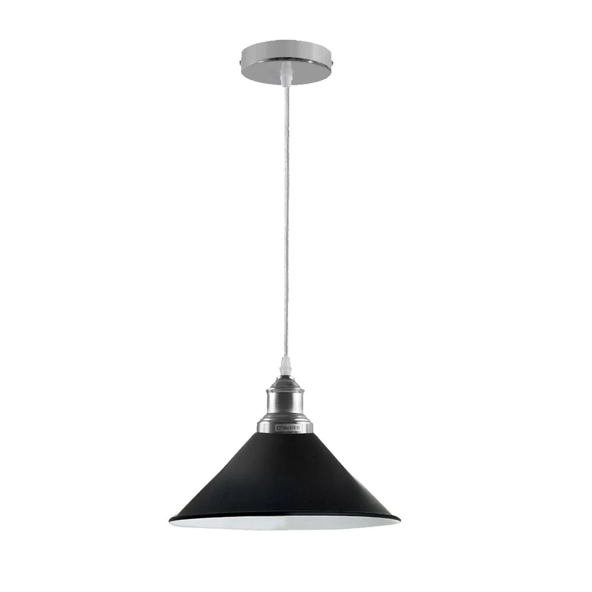 Modern ceiling light shade with retro dome, polished silver metal, 22cm diameter, 115cm height, hanging from 95cm line