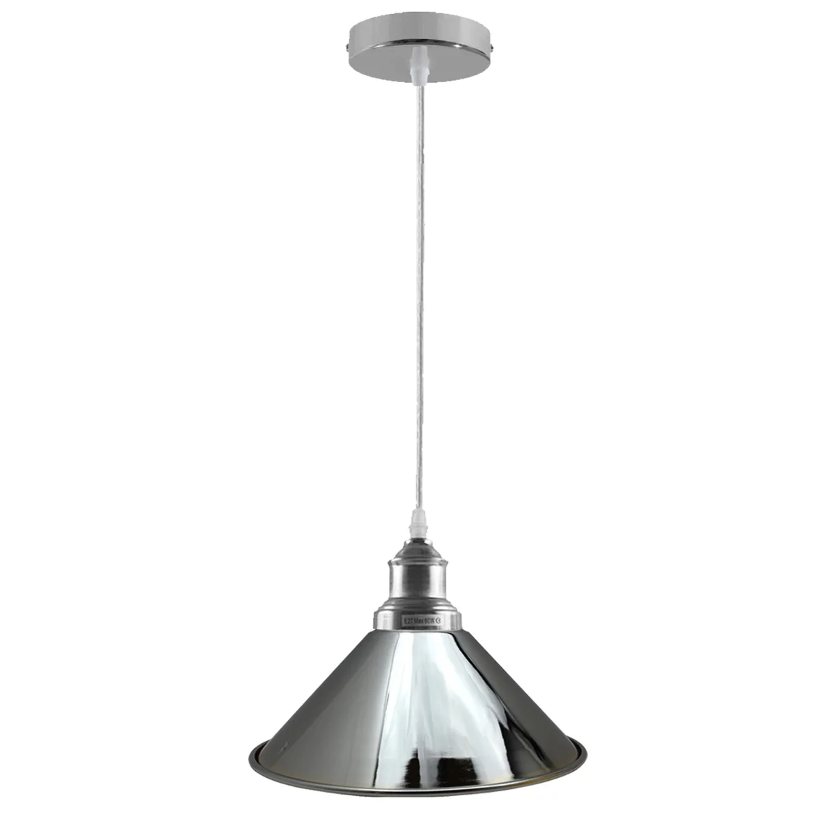 Adjustable pendant light with retro metal chrome dome shade, 22cm diameter, 115cm height, hanging in lounge.
