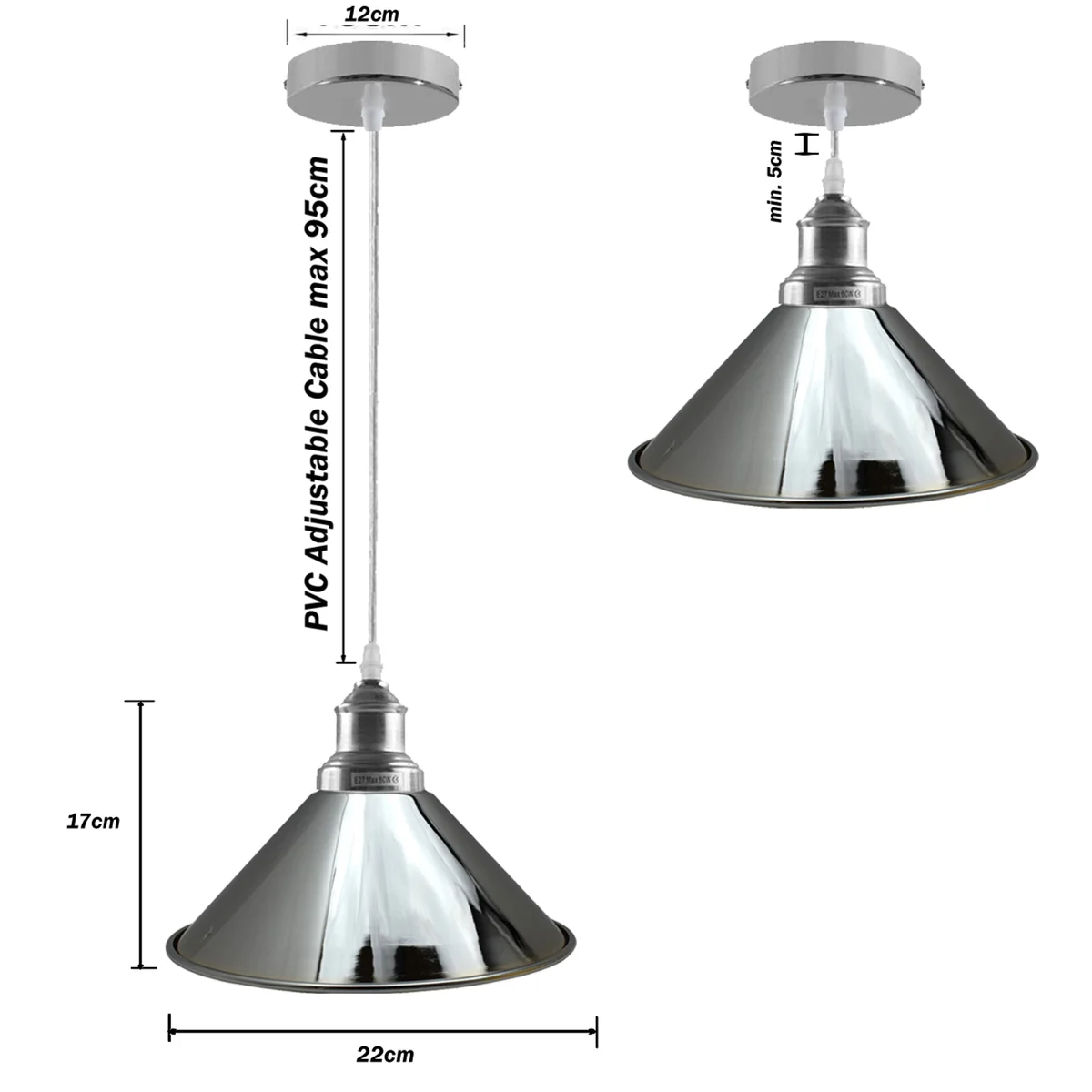 Silver metal dome pendant light with polished finish and contrasting inner surface, hanging from a ceiling.