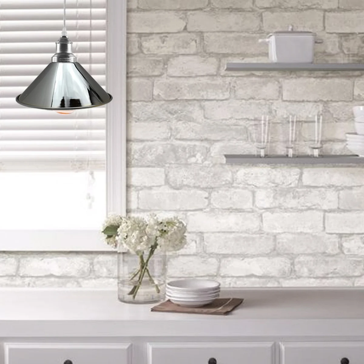 Chrome ceiling pendant light with retro dome design, polished metal shade, contrasting inner surface, approx 22cm diameter