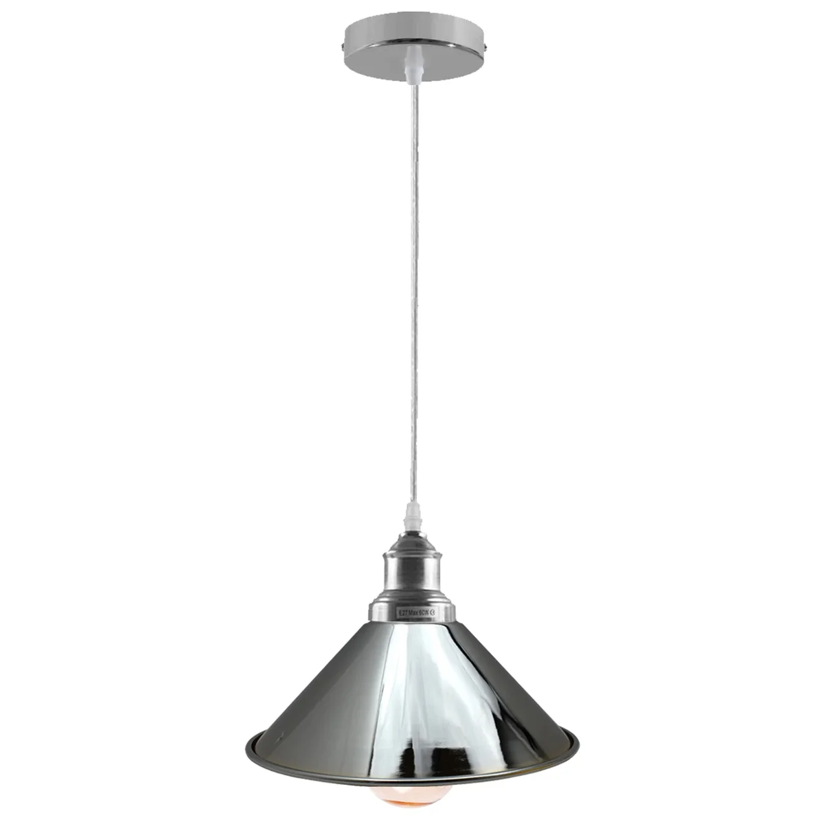 Chrome ceiling pendant light with retro metal dome shade, polished silver finish, contrasting inner surface, 22cm diameter