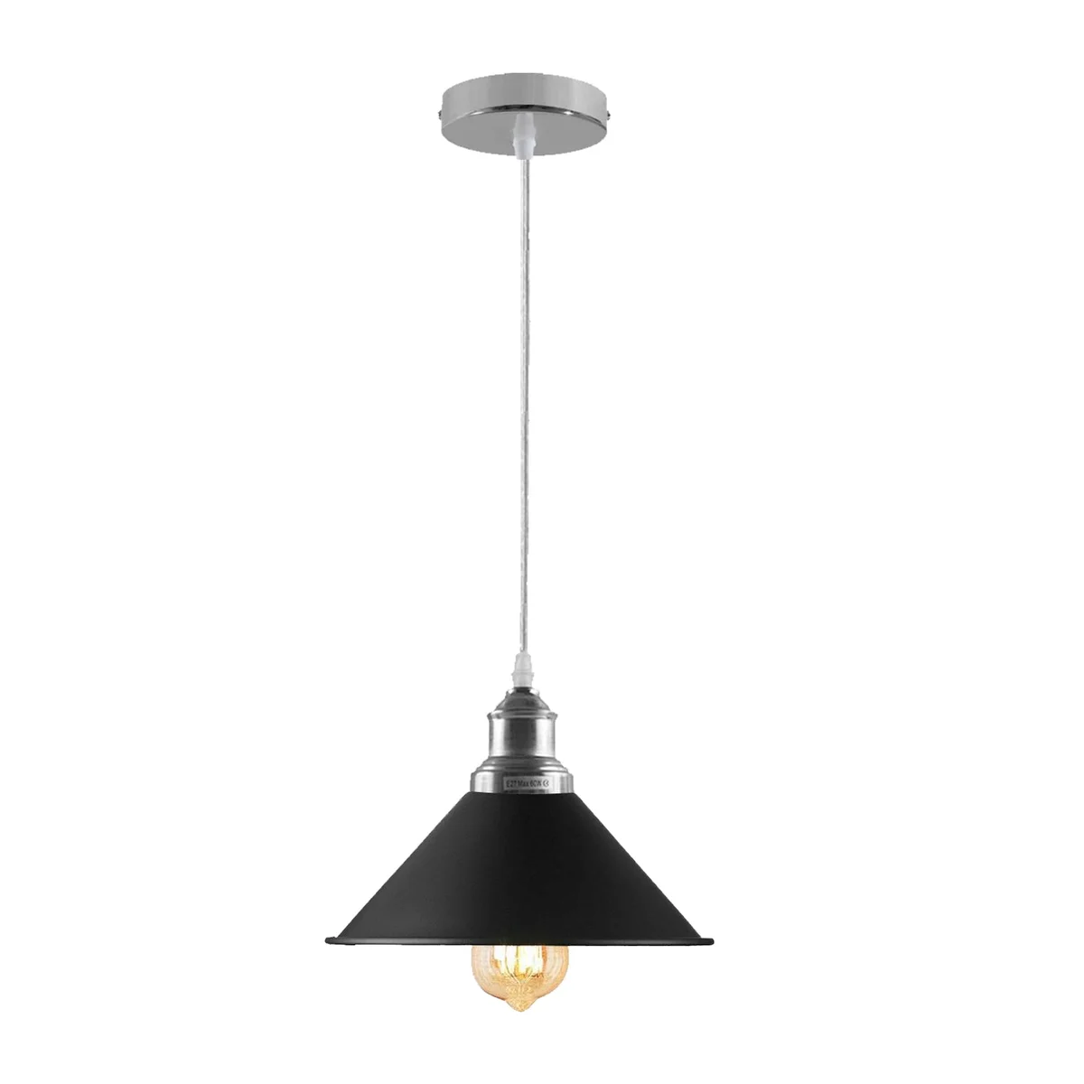 Chrome ceiling pendant light with retro dome metal shade, polished finish, hanging from ceiling