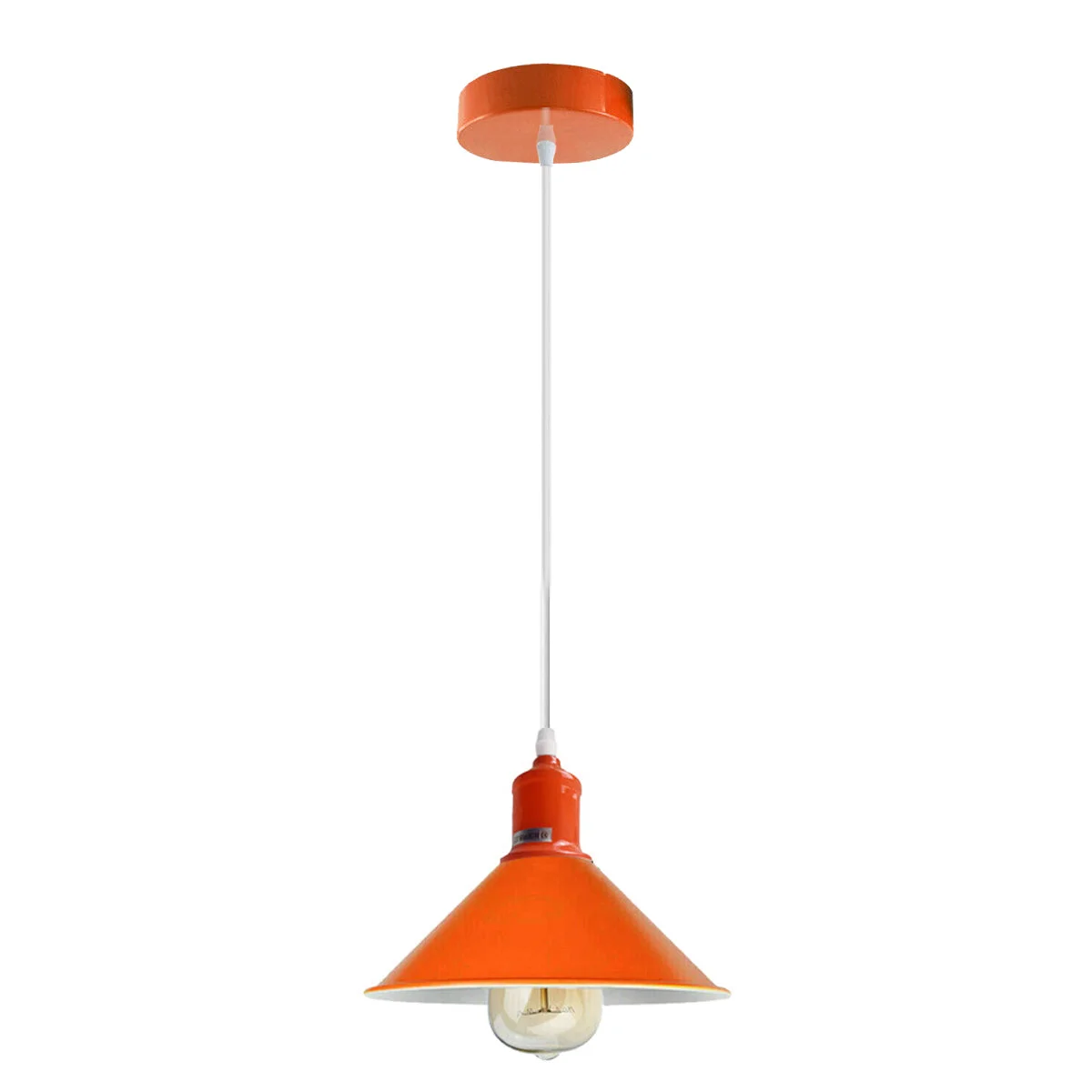 Orange painted metal pendant light with polished silver-lined interior, dome design, 22cm diameter, 115cm height.