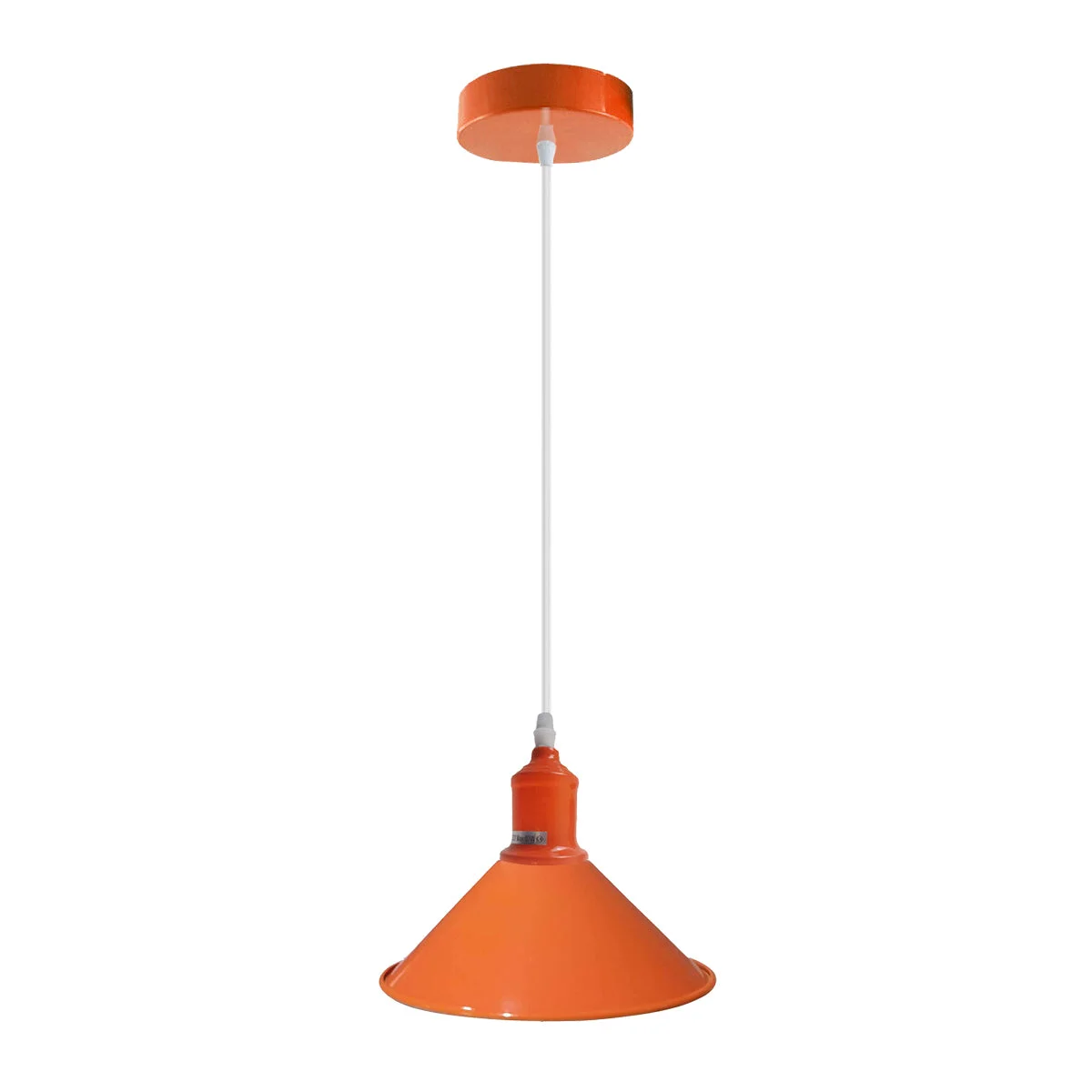 Orange painted metal dome pendant light with silver trim, hanging from ceiling in retro style.