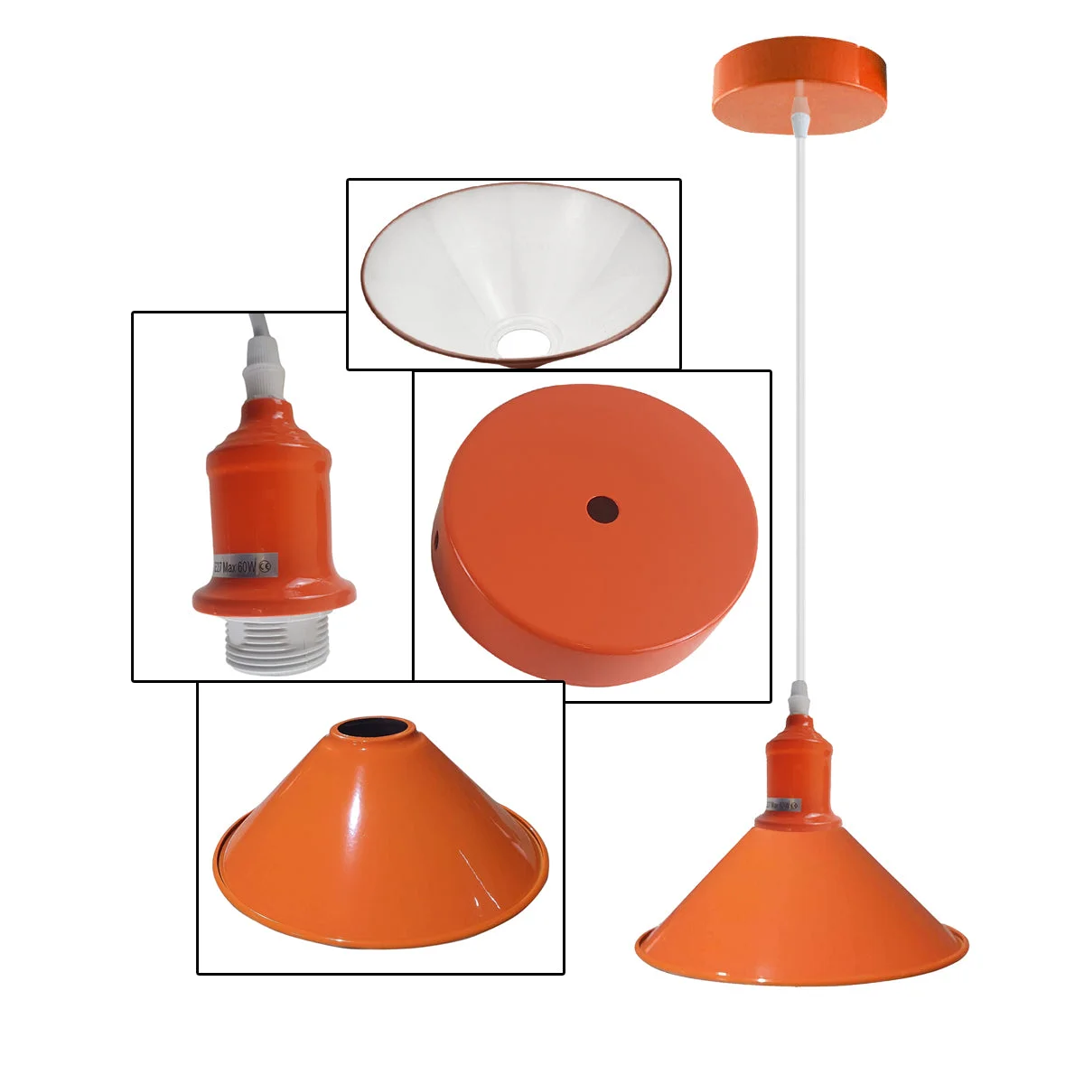 Orange pendant light hanging in a room, dome shaped with polished metal base, interior reflective surface, 22cm diameter.