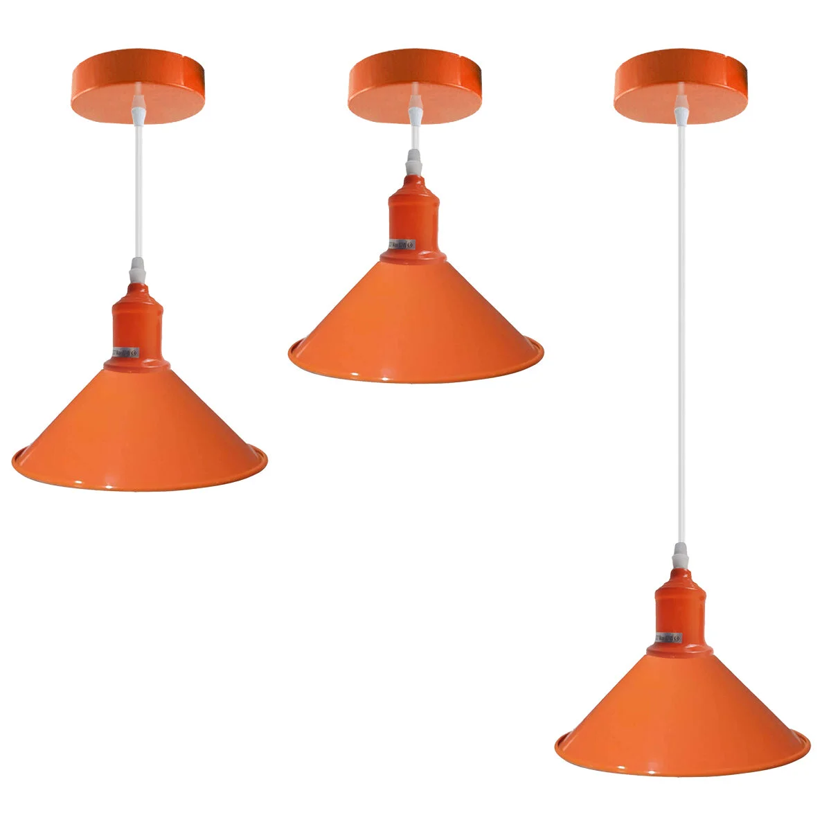 Orange pendant light hangs 115cm from ceiling, metal dome shade with polished silver interior.