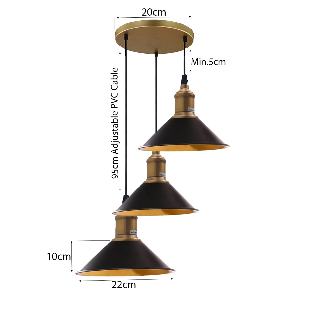 Three outlet pendant light in black with metal frame, PVC cable, 95 cm hanging, 3 light holders, 20 cm round base.