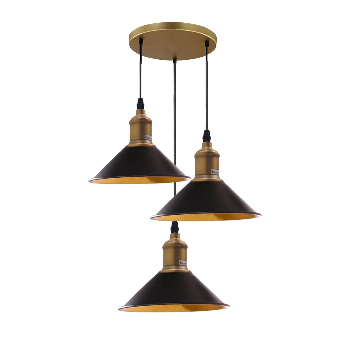 E27 bulb pendant lamp with three black metal sockets, yellow brass accents, drop‑hanging metal base and PVC cable.