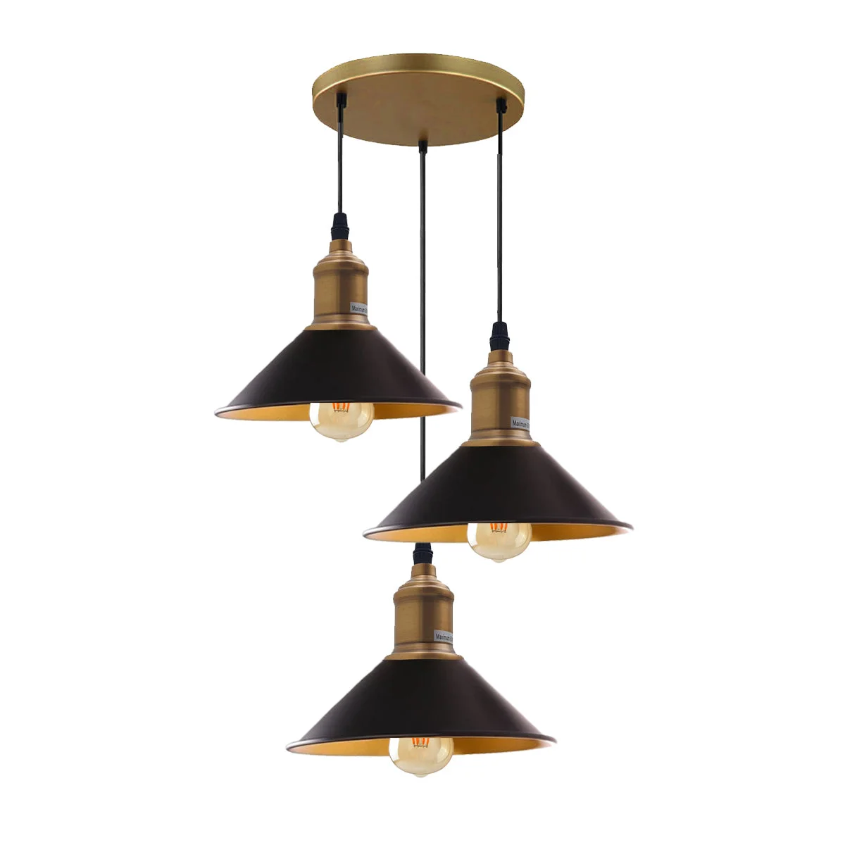 Black metal ceiling light with three hanging arms, each holding a round light shade, suspended from a 20cm round metal plate.